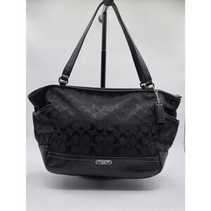 COACH Signature Black Jacquard Shoulder Tote F23297 Leather Trim Large Zip Top